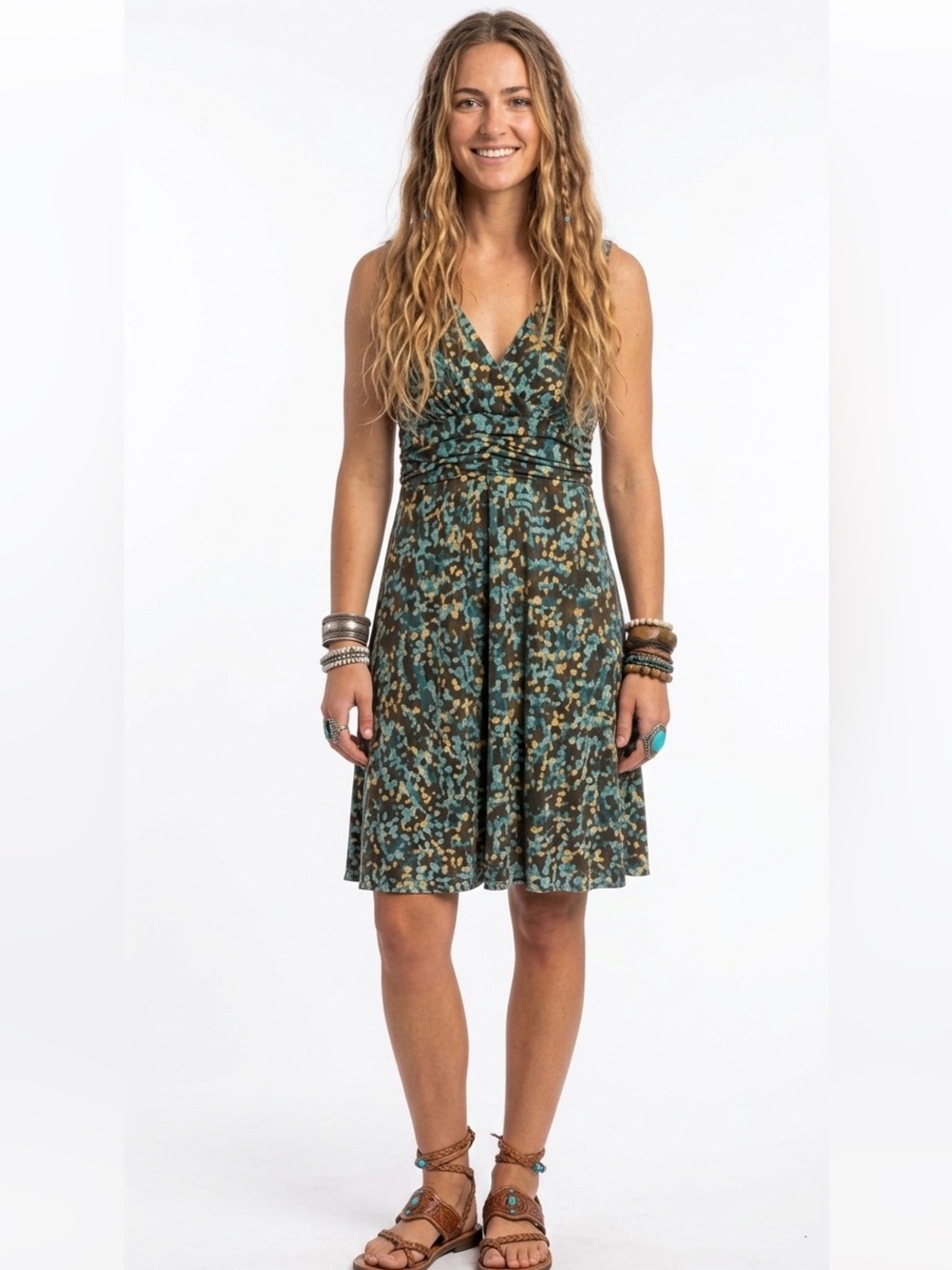 Women’s Sleeveless V-Neck Boho Dress in Teal and Brown